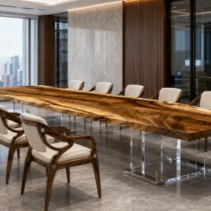 Custom Walnut Crystal Clear Live Edge Conference Tables WCT026
