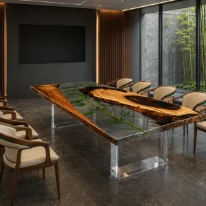Custom Walnut Crystal Clear Live Edge Conference Tables WCT044