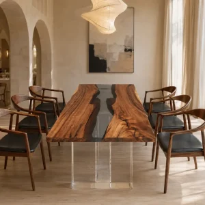 Custom Walnut Crystal Clear Live Edge Dining Table WDT006