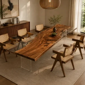 Custom Walnut Crystal Clear Live Edge Dining Table WDT015