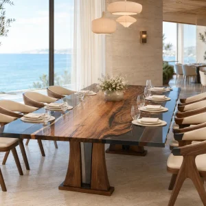 Custom Walnut Ocean Blue Live Edge Dining Table WDT018