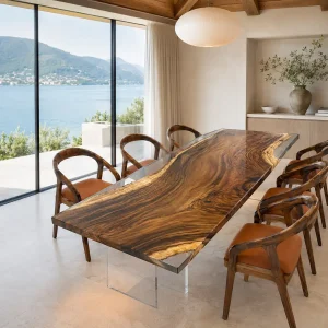 Custom Walnut Crystal Clear Live Edge Dining Table WDT019