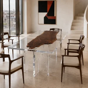 Custom Walnut Crystal Clear Live Edge Dining Table WDT023