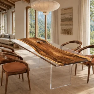 Custom Walnut Crystal Clear Live Edge Dining Table WDT039