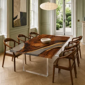 Custom Walnut Crystal Clear Live Edge Dining Table WDT040