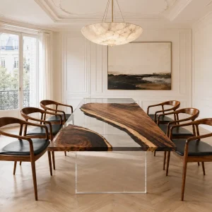 Custom Walnut Crystal Clear Live Edge Dining Table WDT051