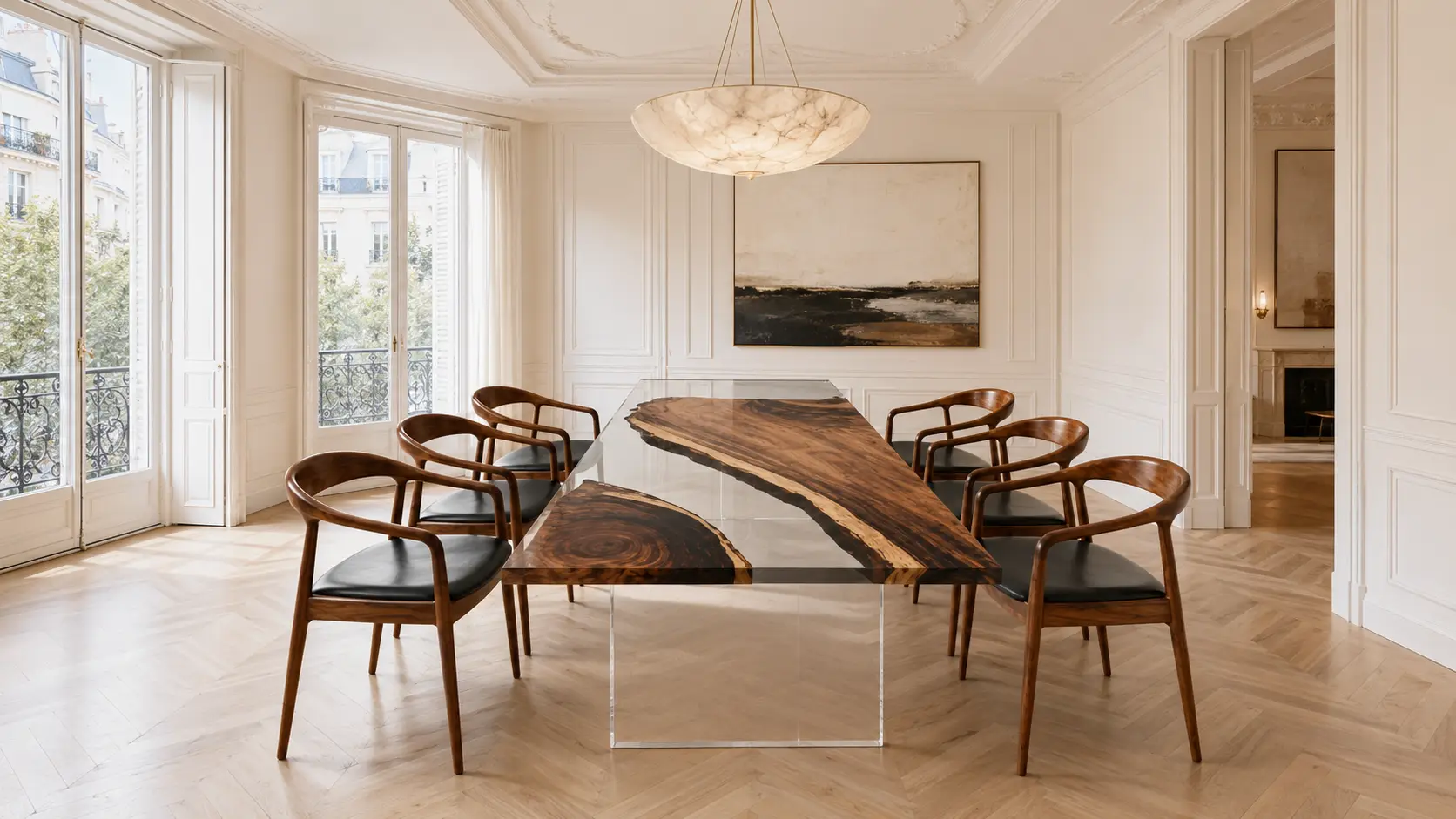 Custom Walnut Crystal Clear Live Edge Dining Table WDT051