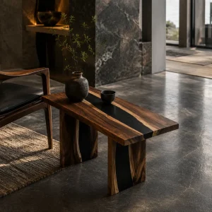 Custom Walnut River Epoxy End Tables with Black Epoxy WE001