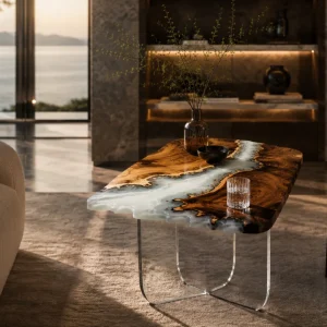 Custom Walnut River Epoxy End Tables with White Epoxy WE003