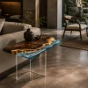 Custom Walnut Ocean & Beach Epoxy End Tables with Blue Epoxy WE005