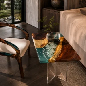 Custom Walnut Ocean & Beach Epoxy End Tables with Blue Epoxy WE006