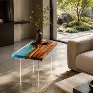 Custom Walnut Ocean & Beach Epoxy End Tables with Blue Epoxy WE007