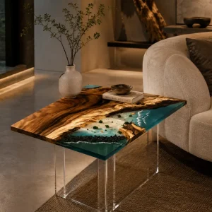 Custom Walnut Ocean & Beach Epoxy End Tables with Blue Epoxy WE008
