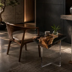 Custom Walnut Live Edge Epoxy End Tables with Black Epoxy WE011