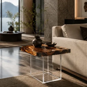 Custom Walnut Live Edge Epoxy End Tables with Black Epoxy WE017