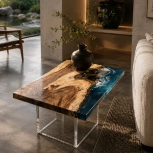 Custom Walnut Ocean & Beach Epoxy End Tables with Blue Epoxy WE024