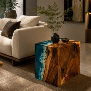 Custom Walnut Ocean & Beach Epoxy End Tables with Blue Epoxy WE030