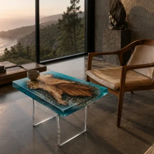Custom Walnut Ocean & Beach Epoxy End Tables with Blue Epoxy WE031