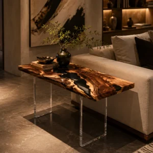 Custom Walnut Live Edge Epoxy End Tables with Black Epoxy WE033