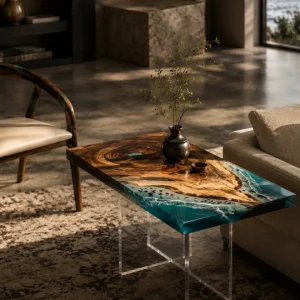 Custom Walnut Ocean & Beach Epoxy End Tables with Blue Epoxy WE034