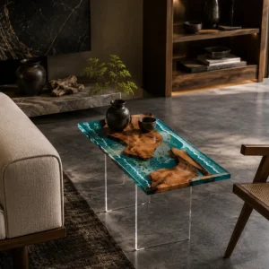 Custom Walnut Ocean & Beach Epoxy End Tables with Blue Epoxy WE038