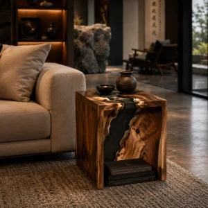 Custom Walnut River Epoxy End Tables with Black Epoxy WE040