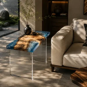 Custom Walnut Ocean & Beach Epoxy End Tables with Blue Epoxy WE043