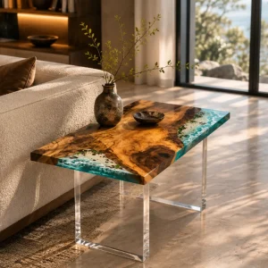 Custom Walnut Ocean & Beach Epoxy End Tables with Blue Epoxy WE044