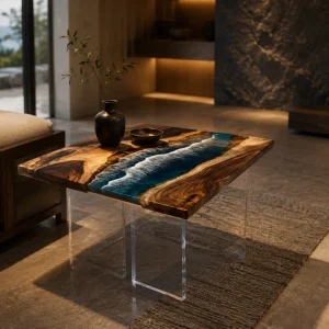 Custom Walnut Ocean & Beach Epoxy End Tables with Blue Epoxy WE047