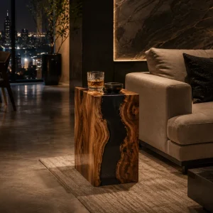 Custom Walnut Live Edge Epoxy End Tables with Black Epoxy WE048