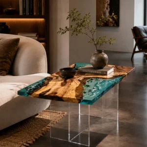 Custom Walnut Ocean & Beach Epoxy End Tables with Blue Epoxy WE050