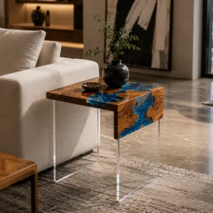 Custom Walnut Live Edge Epoxy End Tables with Blue Epoxy WE059