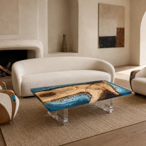 Custom Walnut Ocean & Beach Epoxy Coffee Tables with Ocean Blue Epoxy WECT013