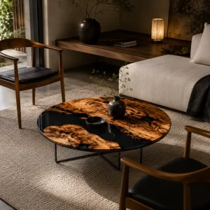 Custom Walnut River Epoxy Coffee Tables with Black Epoxy WECT019
