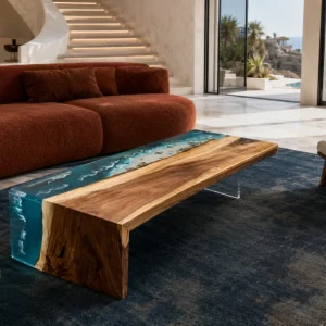 Custom Walnut Ocean & Beach Epoxy Coffee Tables with Ocean Blue Epoxy WECT020