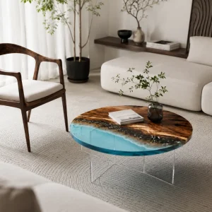Custom Walnut Ocean & Beach Epoxy Coffee Tables with Ocean Blue Epoxy WECT028