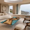Custom Walnut Ocean & Beach Epoxy Coffee Tables with Ocean Blue Epoxy WECT029