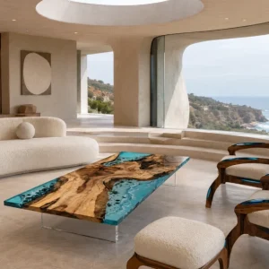 Custom Walnut Ocean & Beach Epoxy Coffee Tables with Ocean Blue Epoxy WECT029