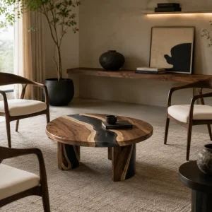Custom Walnut River Epoxy Coffee Tables with Black Epoxy WECT035
