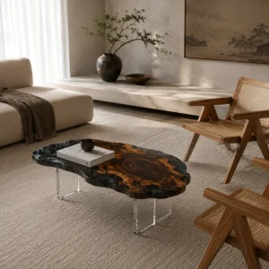 Custom Walnut Live Edge Epoxy Coffee Tables with Black Epoxy WECT037
