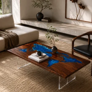 Custom Walnut Other Epoxy Coffee Tables with Ocean Blue Epoxy WECT038