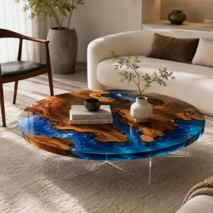 Custom Walnut Live Edge Epoxy Coffee Tables with Ocean Blue Epoxy WECT039