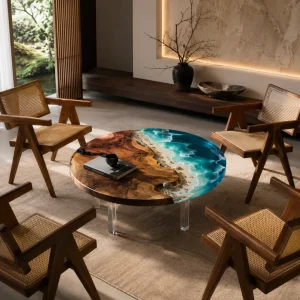 Custom Walnut Ocean & Beach Epoxy Coffee Tables with Ocean Blue Epoxy WECT040