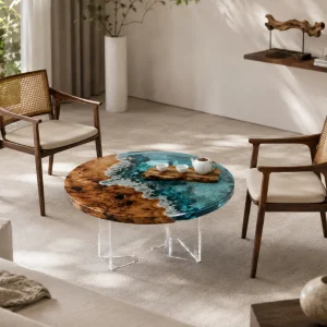 Custom Walnut Ocean & Beach Epoxy Coffee Tables with Ocean Blue Epoxy WECT044
