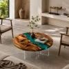 Custom Walnut River Epoxy Coffee Tables with Ocean Blue Epoxy WECT045