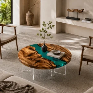 Custom Walnut River Epoxy Coffee Tables with Ocean Blue Epoxy WECT045