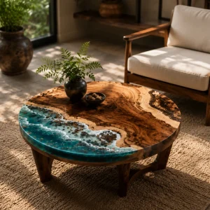 Custom Walnut Ocean & Beach Epoxy Coffee Tables with Ocean Blue Epoxy WECT048