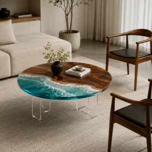 Custom Walnut Ocean & Beach Epoxy Coffee Tables with Ocean Blue Epoxy WECT049