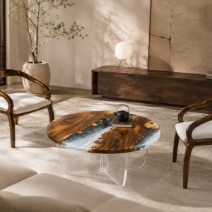 Custom Walnut River Epoxy Coffee Tables with White Epoxy WECT051