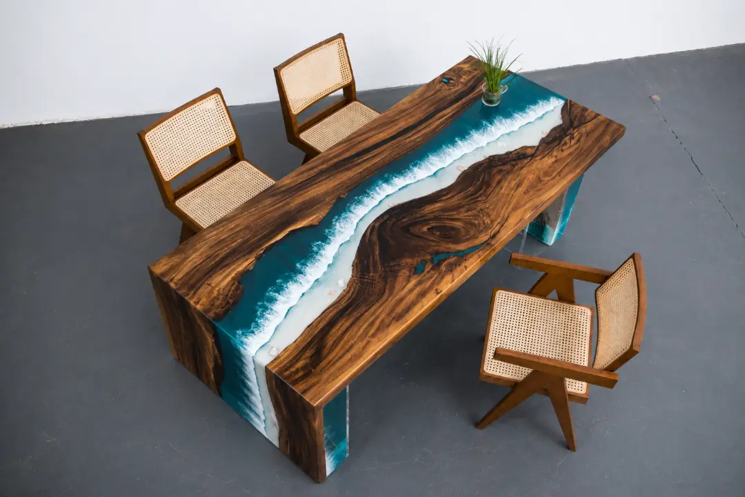 Custom Black Walnut Waterfall River Table with Blue Epoxy BWF002